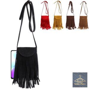 Faux Suede Crossbody Bag with Tassel Mini Phone Purse Adjustable Strap